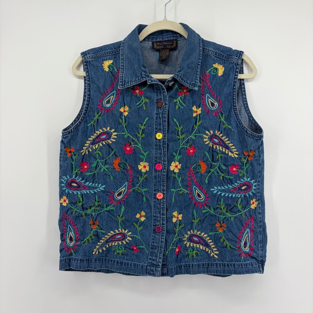 New Direction Womens XL Blue Denim Vest Embroidered‎ Paisley Floral Button Up